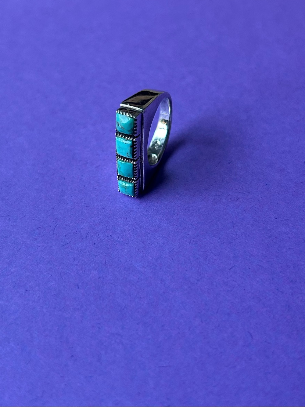 Wide Sterling Silver Turquoise Four Stone Inlaid Bar Ring Size 7 Vintage!